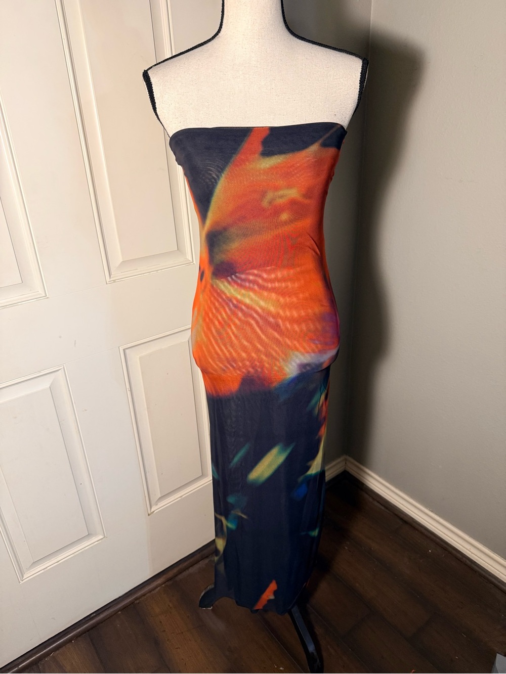 Zara Strapless Maxi Dress in Navy and Orange Floral